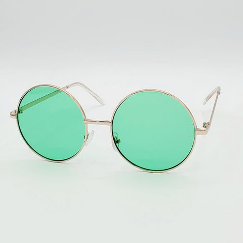 2 1/4” round sunglasses with thin gold metal frames and colorful bright green tinted lenses