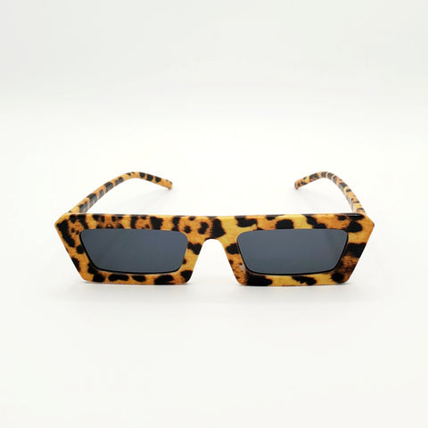 80s style narrow flat bridge photorealistic leopard print plastic frame sunglasses with dark smoke lens