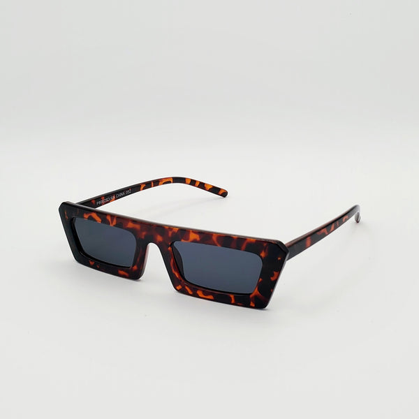 80s style narrow flat bridge dark tortoiseshell plastic frame sunglasses, shown 3/4 view