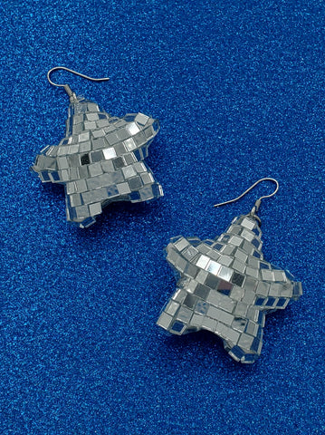 star shaped dangle earrings covered in small mirrored tiles similar to a disco ball