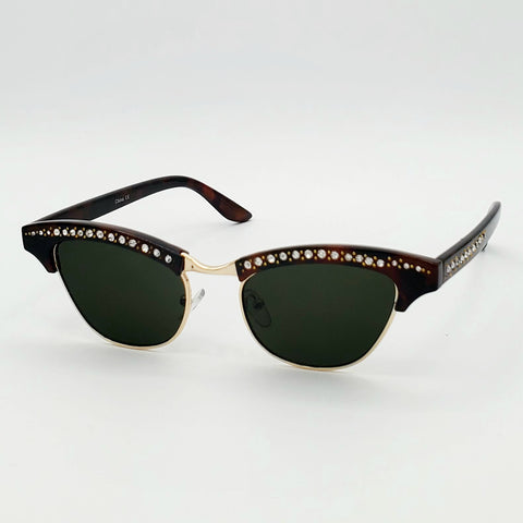 Rhinestone Browline Cat Eye Sunglasses - Tortoiseshell