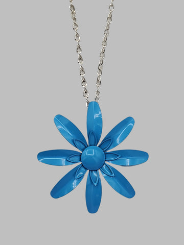 vintage-inspired metal daisy pendant in sky blue on a 28” long shiny silver metal link chain