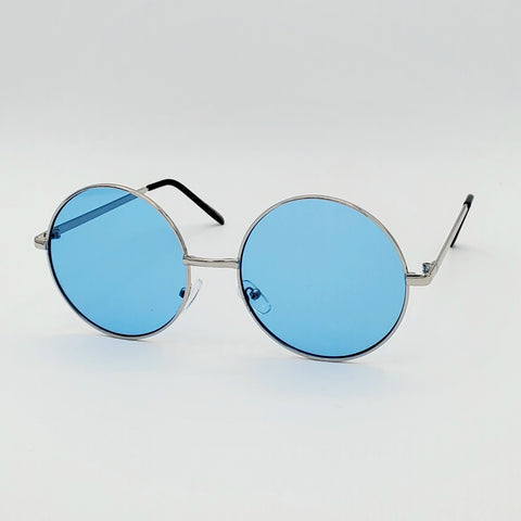 2 1/4” round sunglasses with thin gold metal frames and colorful bright blue tinted lenses