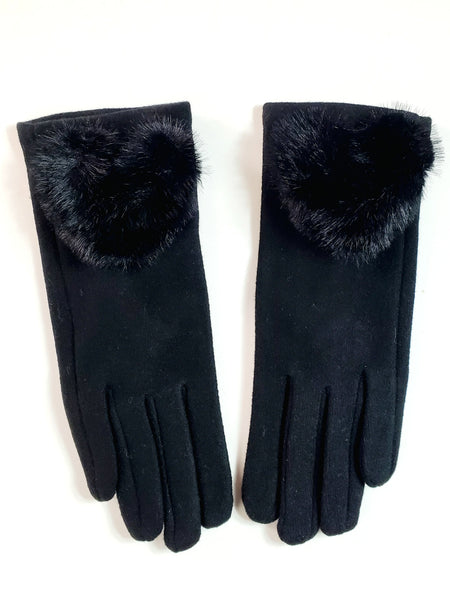 Pair of black knit gloves with matching soft faux fur heart-shaped cuff detail