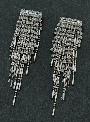 rhinestone drop earrings with staggered silver metal fringe and chains