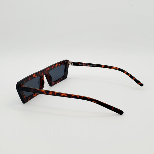 80s style narrow flat bridge dark tortoiseshell plastic frame sunglasses, showing reverse in 3/4 view