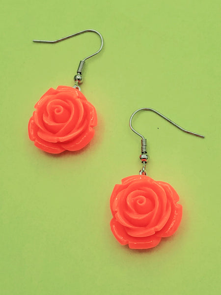 Bright orange-y coral three dimensional resin rose dangle earrings