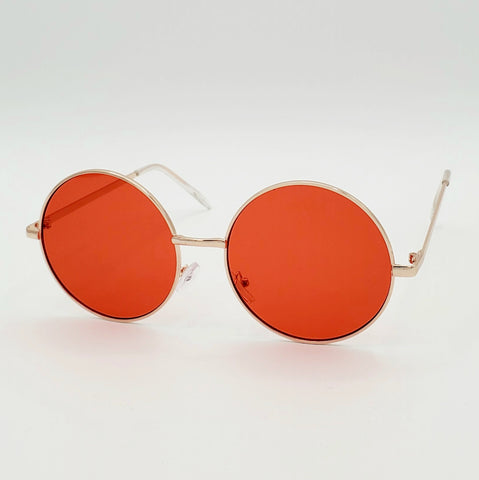2 1/4” round sunglasses with thin gold metal frames and colorful bright red tinted lenses