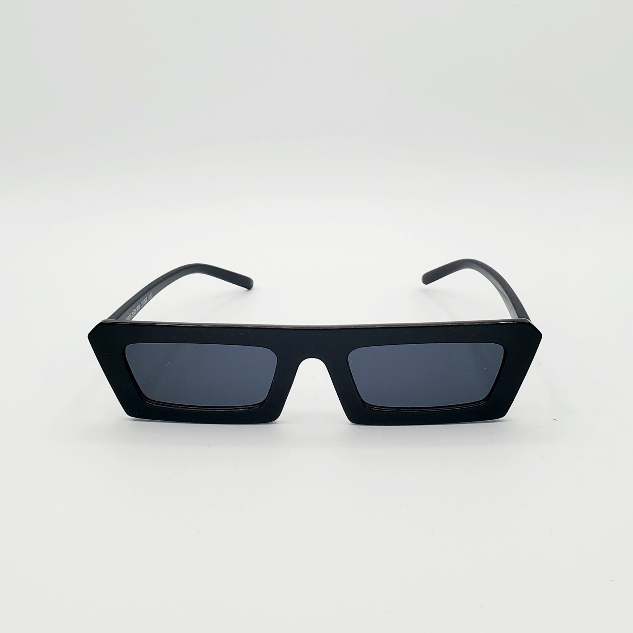 80s style narrow flat bridge black plastic frame sunglasses withdark smoke lens