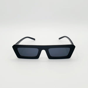 80s style narrow flat bridge black plastic frame sunglasses withdark smoke lens