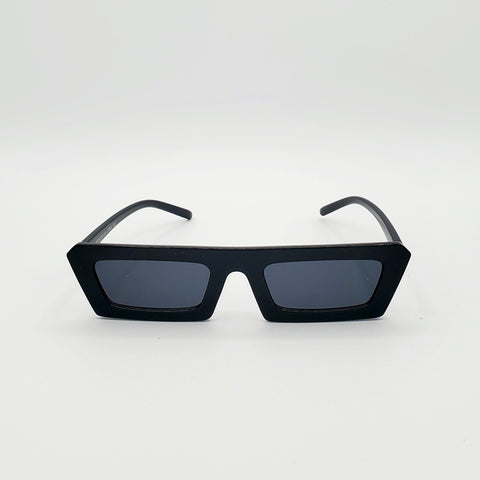 80s style narrow flat bridge black plastic frame sunglasses withdark smoke lens