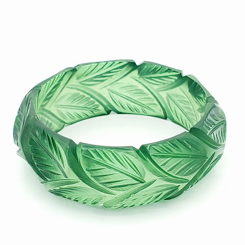 translucent frosty matte finish cool green resin bangle with allover carved leaf pattern