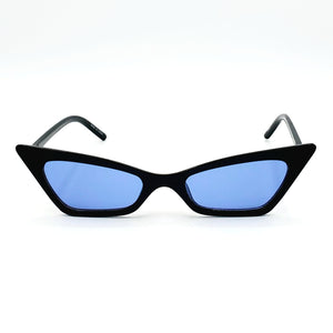 Narrow Geometric Cat Eye Sunglasses - Black with Blue Lenses