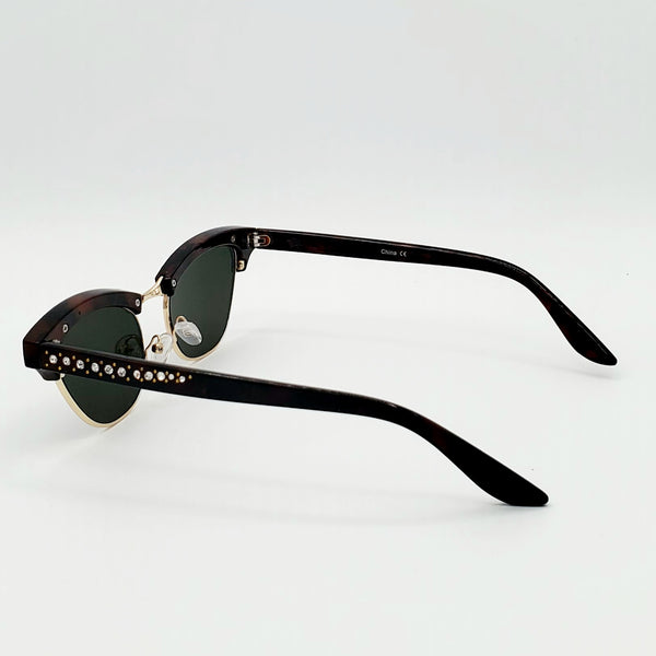 Rhinestone Browline Cat Eye Sunglasses - Tortoiseshell