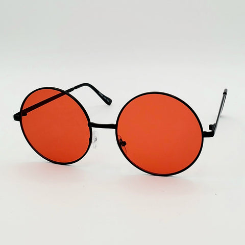 2 1/4” round sunglasses with thin black metal frames and colorful bright red tinted lenses