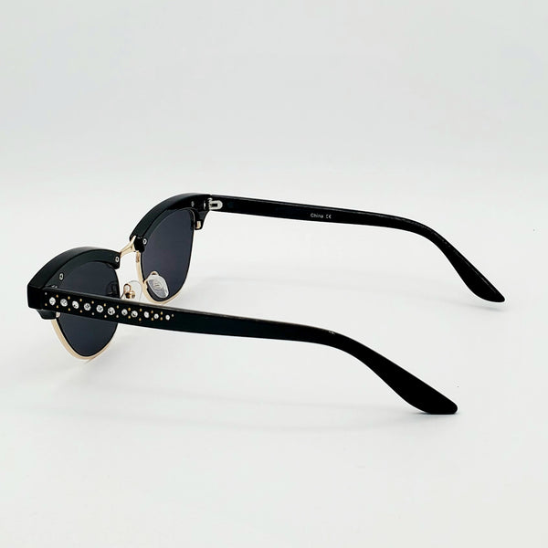 Rhinestone Browline Cat Eye Sunglasses - Black with Pink Mirrored Lenses