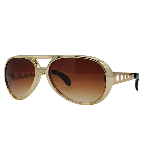 shiny metallic gold plastic avaiator sunglasses with perforated gold metal arms and brown smoke gradient lens