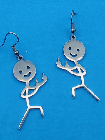 pair of stainless steel dangle earrings with charms in the shape of stick figures with smiley faces flipping the bird in mirror image