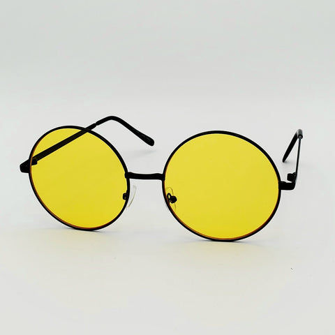 2 1/4” round sunglasses with thin black metal frames and colorful bright yellow tinted lenses
