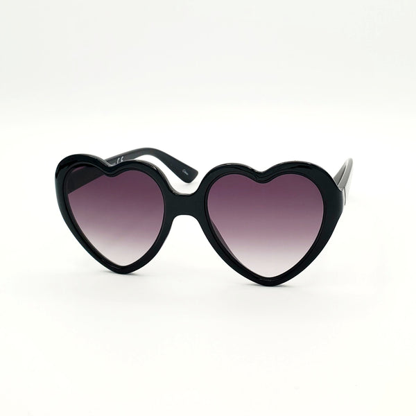 Black plastic frame heart-shaped sunglasses with black smoke gradient lenses