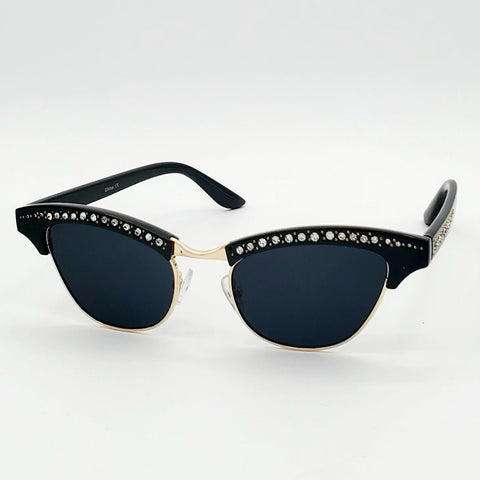 50’s style browline cat eye sunglasses with black and gold frames embellished with sparkly rhinestones and tiny gold beads