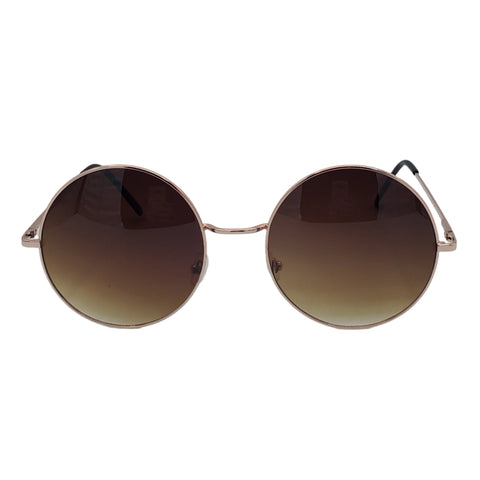 2 1/2” round gold metal frame sunglasses with dark brown gradient lenses