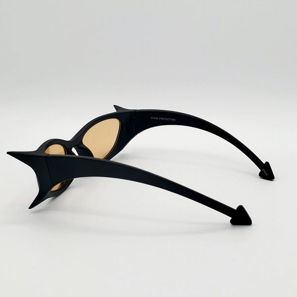 Spiky Devil Wrap-Around Sunglasses in Matte Black with Brown Lenses