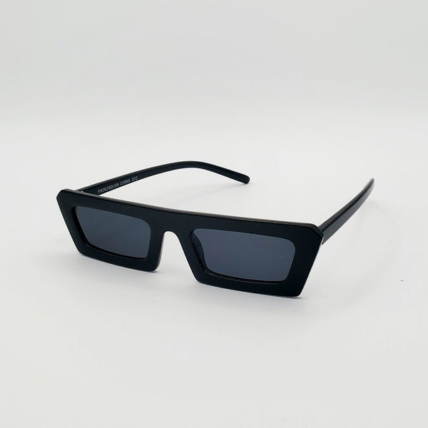 80s style narrow flat bridge black plastic frame sunglasses withdark smoke lens, shown 3/4 view