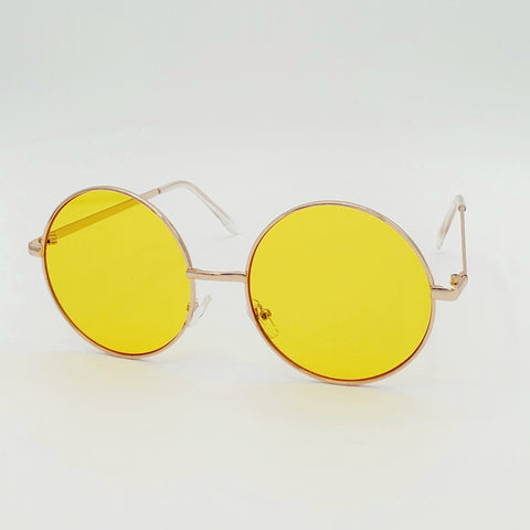 2 1/4” round sunglasses with thin gold metal frames and colorful bright yellow tinted lenses