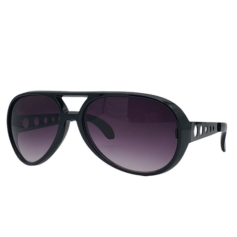 shiny black plastic aviator style sunglesses with perforated black metal arms and gradient smoke lens