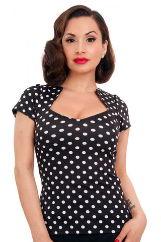 black and white short sleeve knit top with queene anne neckline, shown worn by a model
