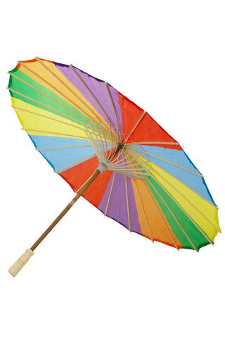 32" diameter nylon fabric parasol with bamboo shaft and ribs in a multi-color stripe, showing open interior