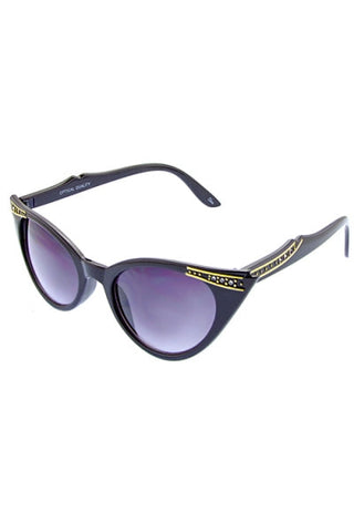 gold paint design embellished 50's Style black plastic frame Cat Eye sunglasses