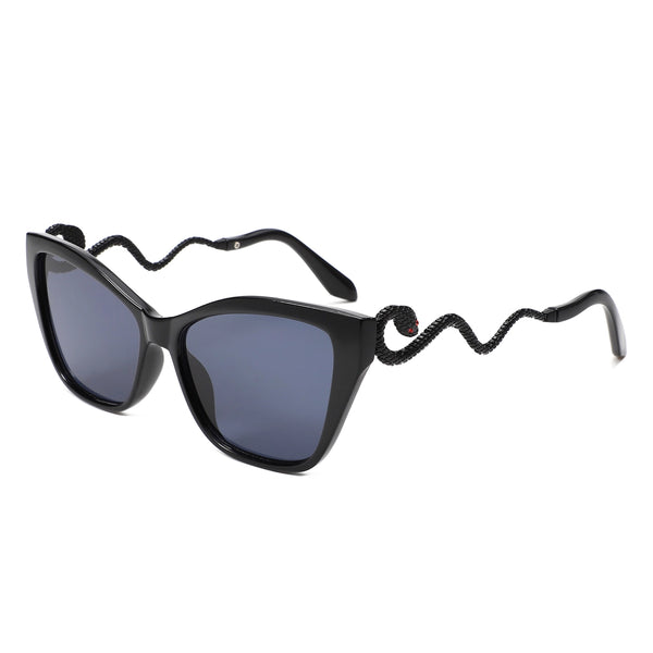 shiny black plastic frame cat eye sunglasses with dark smoke lens and black metal arms shaped like a curvy snake with red jeweled eyes