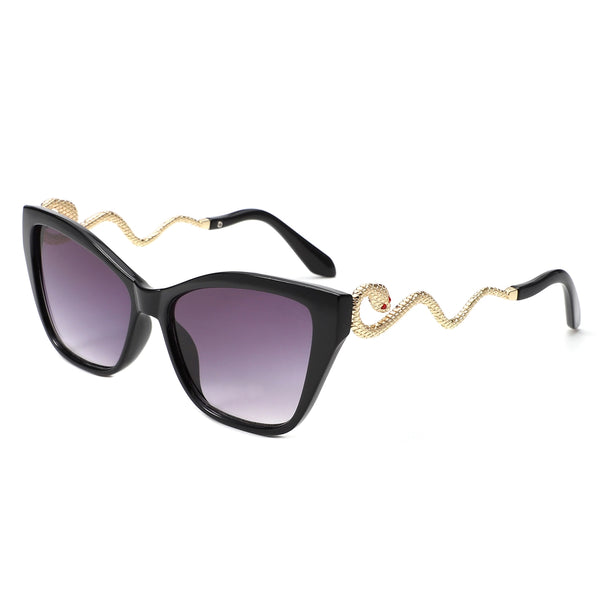 plastic frame sunglasses in solid black with gold metal snake-shaped arms