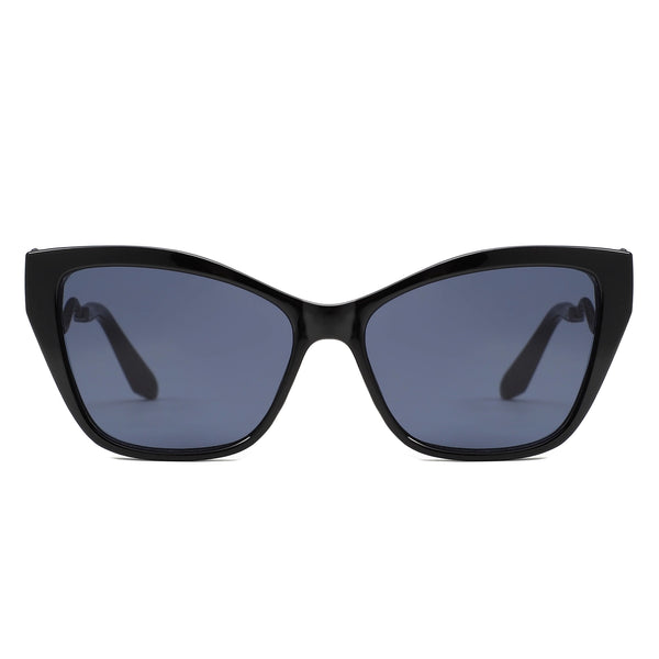 shiny black plastic frame cat eye sunglasses with dark smoke lens and black metal arms shaped like a curvy snake with red jeweled eyes