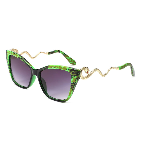 plastic frame sunglasses in solid black with green snake print at the temples and gold metal snake-shaped arms