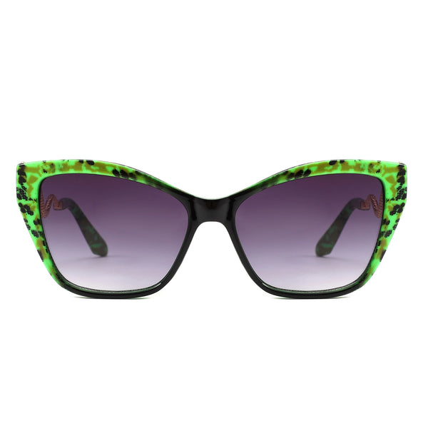 plastic frame sunglasses in solid black with green snake print at the temples and gold metal snake-shaped arms
