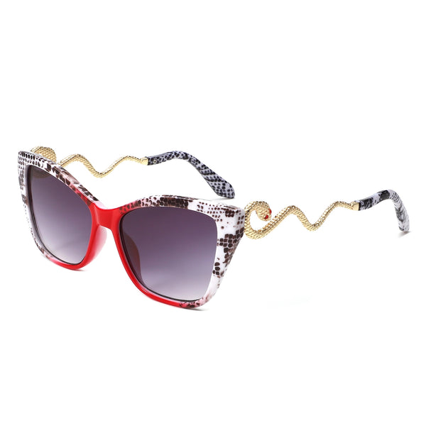 plastic frame sunglasses in solid red with white and black snake print at the temples and gold metal snake-shaped arms