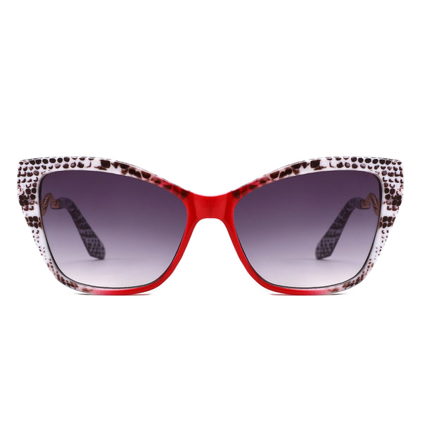 plastic frame sunglasses in solid red with white and black snake print at the temples and gold metal snake-shaped arms