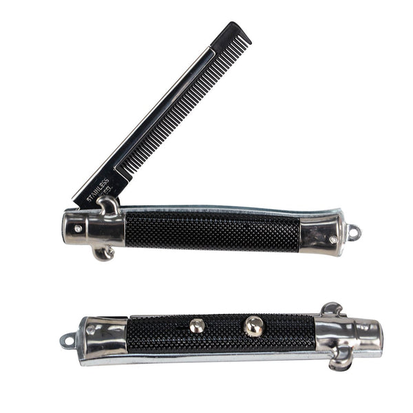 two switchblade combs with a black handle and silver metal parts, one shown partially open, and one shown closed