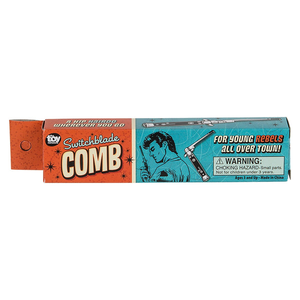orange and blue switchblade comb package with retro graphics