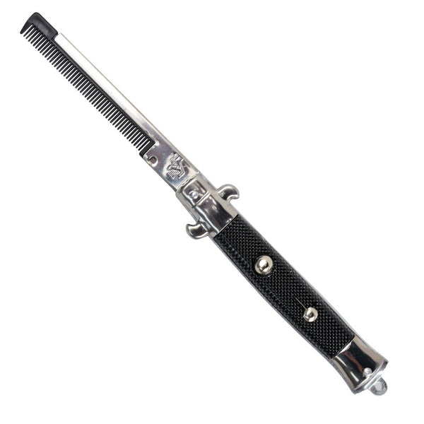 switchblade comb with a black handle and silver metal parts