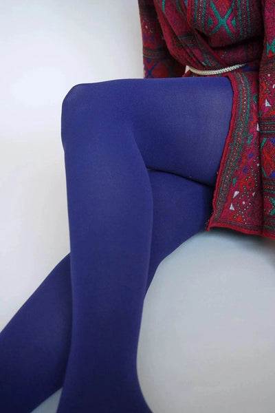 80 denier matte finish "Zokki" opaque tights in rich navy blue, shown worn by a model