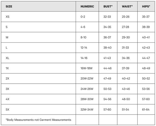 Size chart for clothing measurements with size categories, numeric equivalents, and body measurement ranges.