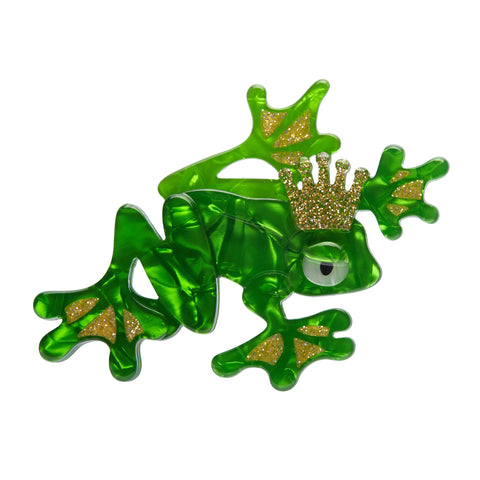 Fan Favourites Collection "I Kissed a Prince” green and gold frog with crown brooch seen from front 