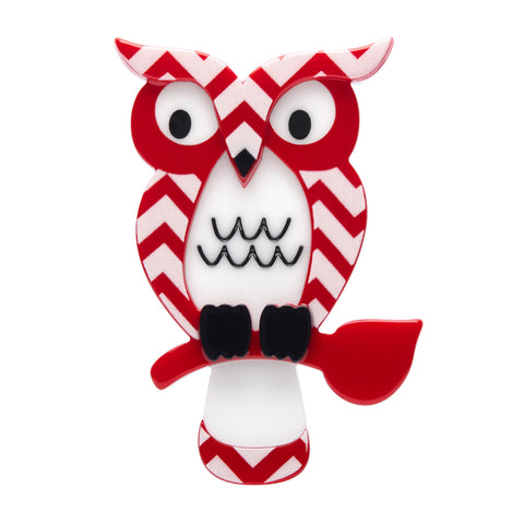 Fan Favourites Collection "Howard’s Hoot” red, white, and black chevron patterned owl brooch shown from front
