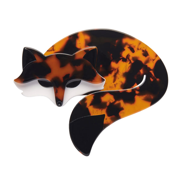 Fan Favourites Collection "Saffron the Sleeping Fox” black, white, and tortoiseshell fox brooch shown from front