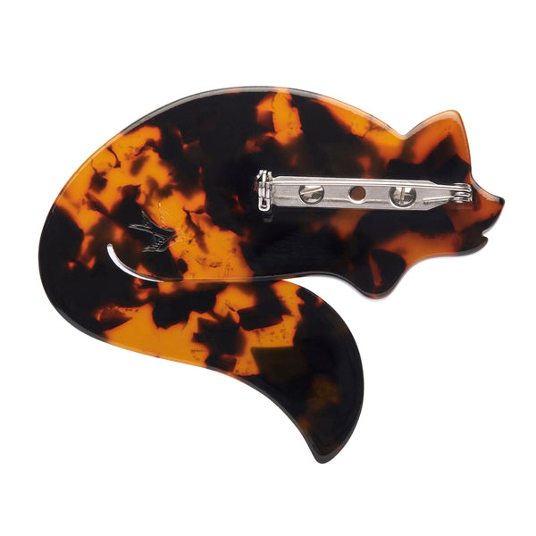 Fan Favourites Collection "Saffron the Sleeping Fox” black, white, and tortoiseshell fox brooch shown from back
