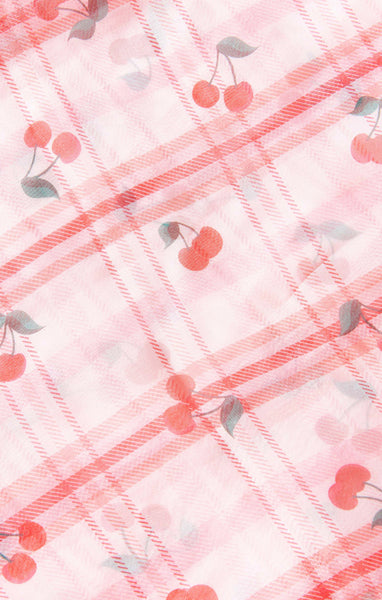 Vintage inspired semi-sheer pink plaid and cherry print chiffon square scarf, shown in close up